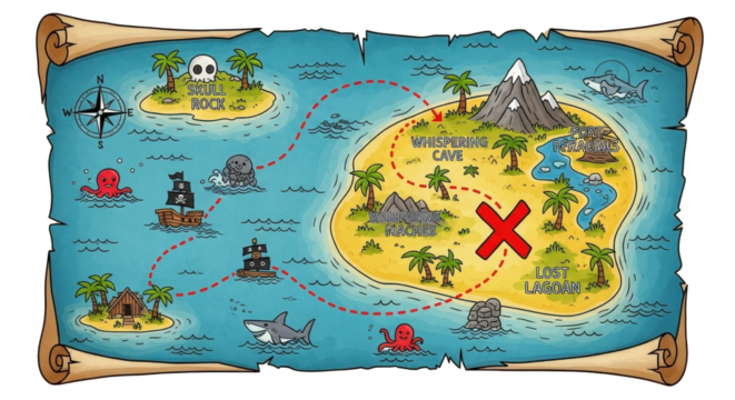Cartoon treasure map with pirate island route isolated PNG with Transparent Background