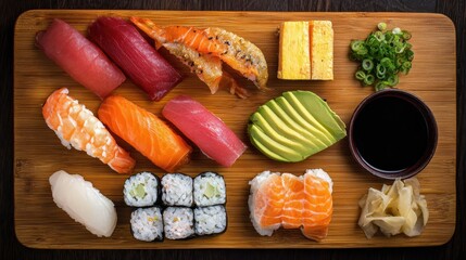 Assorted sushi platter with various types of fish, rice, and vegetables.