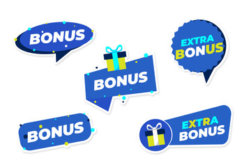 Set of blue modern stickers banners with gift bonuses illustration of bonus stickers