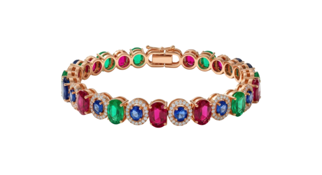 Elegant gold bracelet with colorful gems isolated PNG with Transparent Background