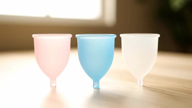 A close-up of pink, blue, and white menstrual cups. Reusable and eco-friendly alternative for feminine hygiene. Sustainable period care product showcase
