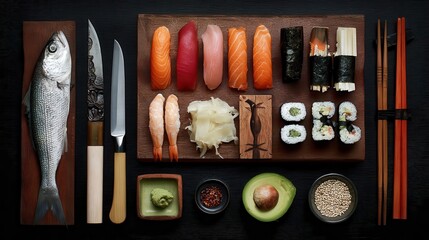 Assorted sushi and fish displayed on wooden boards.