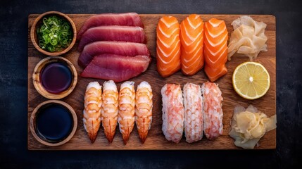 Assorted sushi and sashimi on a wooden board.