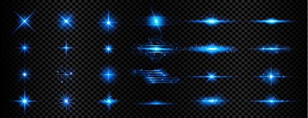 set of transparent blue light streak and lens flares
