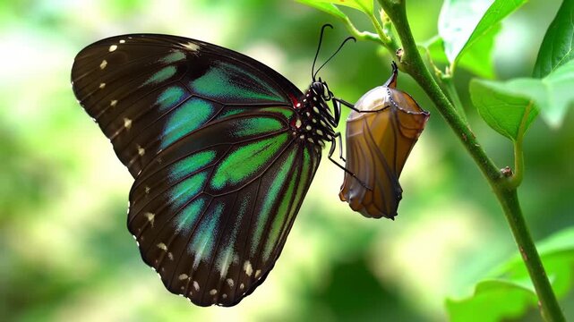 Butterfly near chrysalis on branch, vibrant green wings, lush blurred backdrop, for nature/biology content