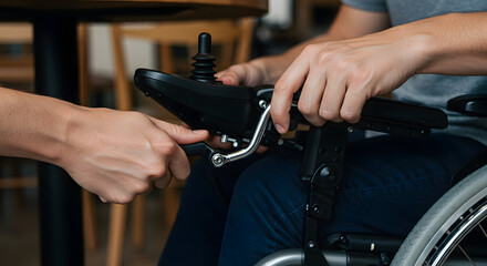 Caregiver Assisting Individual in Wheelchair with Adjustments at a Cozy Cafe Setting
