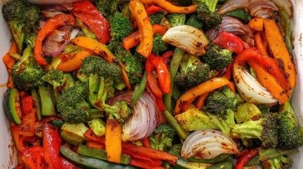 Assorted roasted vegetables in a baking dish.