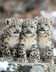 Fototapeta premium Three adorable snow leopard cubs are huddled together in the cold