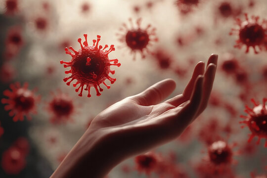 Generative AI image of red virus cells in blood plasma representing World AIDS Day and global blood donor awareness