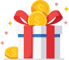 A gift box with a red ribbon and gold coins vector