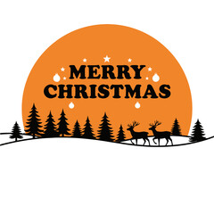 Merry Christmas illustration with deer and trees in front of a sun.