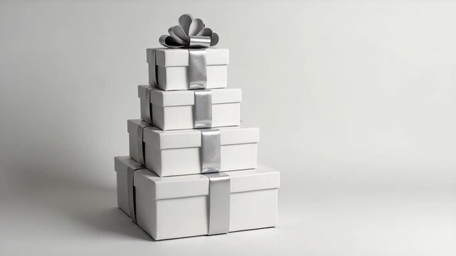 A stack of white boxes wrapped with a ribbon and bow, suitable for gift wrapping or packaging