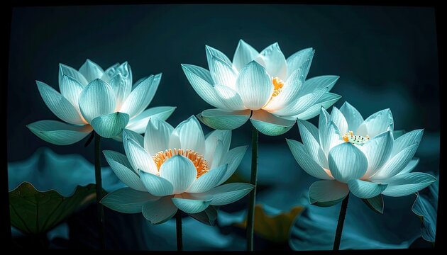 A serene scene of four white lotus flowers, illuminated from within, floating on dark water with lush green leaves. - Powered by Adobe