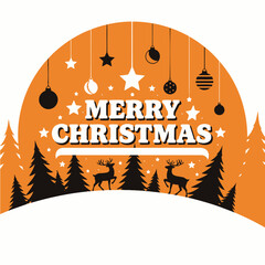 Festive Christmas illustration featuring ornaments, stars, reindeer, and pine trees against an orange backdrop.