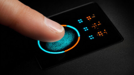 Biometric authentication concept with a finger pressing a digital fingerprint scanner on a device, representing secure access, identity verification and modern technology.