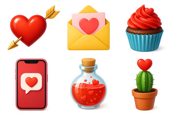 valentines day love icon set collection heart arrow envelope cupcake mobile phone potion cactus romantic symbols