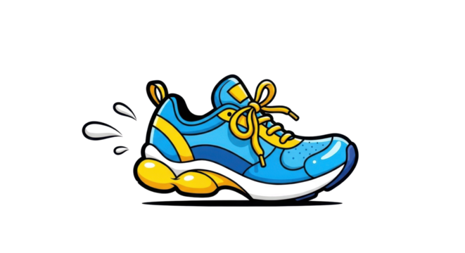 Cartoon Blue and Yellow Running Sneaker Illustration with Speed Effect Isolated on White - Powered by Adobe
