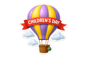 childrens day hot air balloon sticker design purple and yellow balloon clouds happy holiday celebration