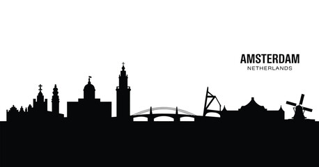 Black silhouette of amsterdam skyline with iconic landmarks