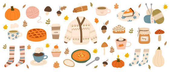 Set of hand drawn cozy autumn elements. Cute sweater, knitting, candles, hot drink, pie, pumpkin spice latte, leaves. Comfortable lifestyle, winter and autumn mood. Vector flat illustration.