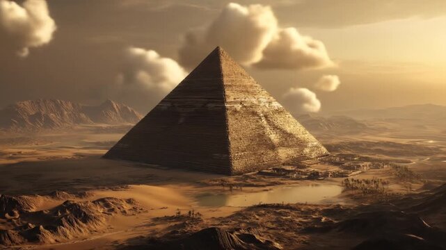 Ancient pyramid in desert landscape with dramatic sunlight and sky