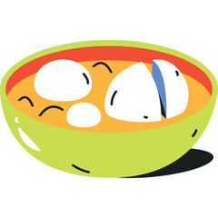 A vibrant illustration of a light green bowl filled with a yellow broth and three white dumplings with a red rim and a slight shadow on a transparent background