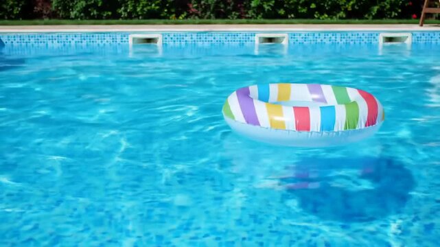 Colorful inflatable ring floats on clear pool water, with green bushes in the background; for summer relaxation