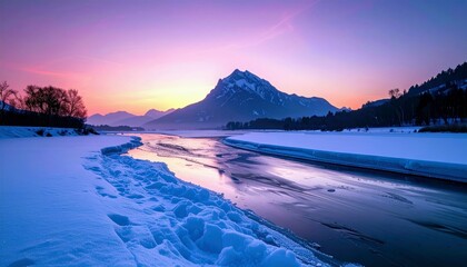 A serene winter landscape at sunrise features a snow-covered riverbank, a partially frozen river, and a majestic mountain under a colorful sky.