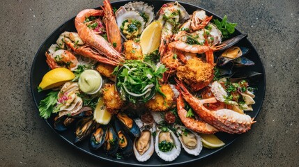 Assortment of seafood on a platter.