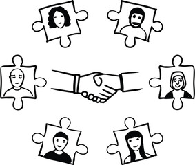 Illustration of a handshake in the center, surrounded by puzzle pieces with diverse peoples faces, vector art