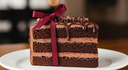 A delicious slice of chocolate cake with frosting and a ribbon on a white plate.