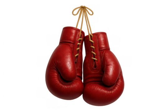 Hanging red boxing gloves representing sport, competition, fitness, training, energy, and strength on a transparent background
