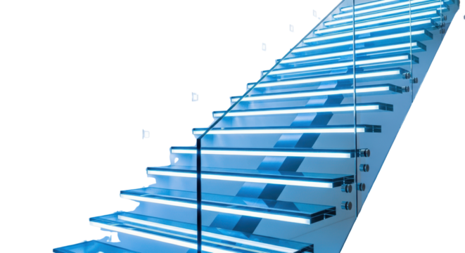 Futuristic Modern Floating Glass Staircase with Blue Neon LED Illumination isolated on White