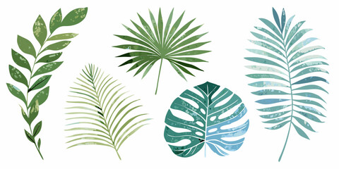 Collection of diverse tropical palm leaves and foliage in shades of green and blue watercolor texture