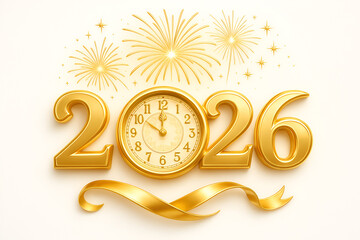2026 happy new year golden clock and ribbon banner design sparkling firework background holiday celebration event