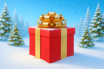 christmas red gift box with gold ribbon in snowy winter landscape pine trees holiday present scene