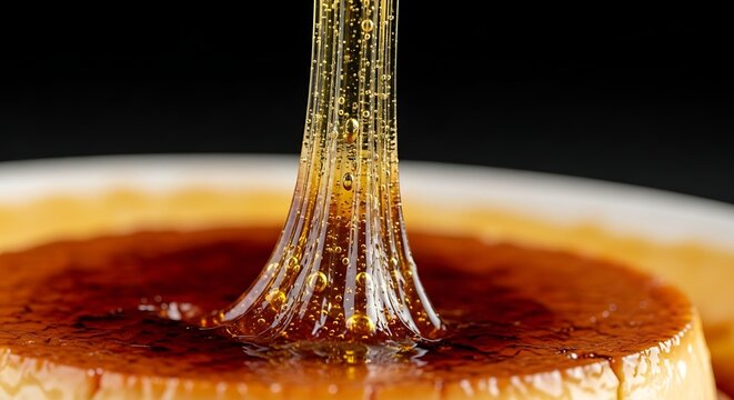 A close-up shot of golden caramel syrup being poured onto a crème brûlée dessert.