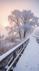 A snow-covered wooden bridge spans a partially frozen body of water, leading to a pair of majestic, ice-covered trees on the opposite bank.