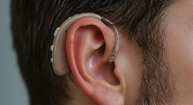 Close-Up of a Human Ear with a Hearing Aid Device Highlighting Modern Technology and Accessibility in Daily Life