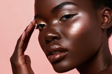 A skin woman gently applies highlighter to her cheekbone, creating a radiant glow on her face. She is focused and radiant, with a soft pink backdrop enhancing her features