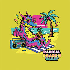 Vibrant Retro Dragon with Sunglasses on Beach.eps