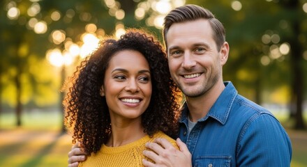 A smiling couple standing in a park with trees in the background.