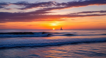 A sailboat sailing on the ocean at sunset with a vibrant orange and pink sky.