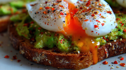 Poached eggs atop avocado toast, drizzled with yolk.