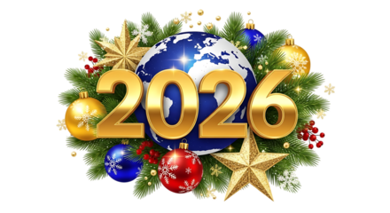 Golden 2026 numbers with globe and festive Christmas ornaments isolated on a transparent background new year