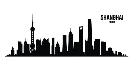 Shanghai skyline silhouette black and white cityscape
