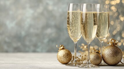 Champagne Glasses and Gold Ornaments for New Year Celebration Table