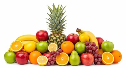 A colorful assortment of fresh fruits, including apples, bananas, oranges, pineapple, grapes, lemons, and pears, isolated on white background