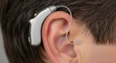 Close-Up View of a Hearing Aid Fitted Behind the Ear of a Person Displaying Modern Technology for Enhanced Hearing Support