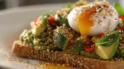 Poached egg atop avocado toast with various toppings.
